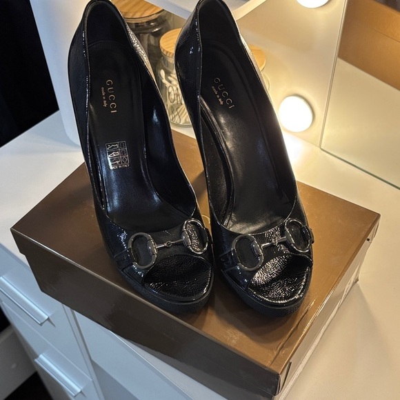 Gucci Shoes - Gucci Shiny Black Peep-Toe Heels